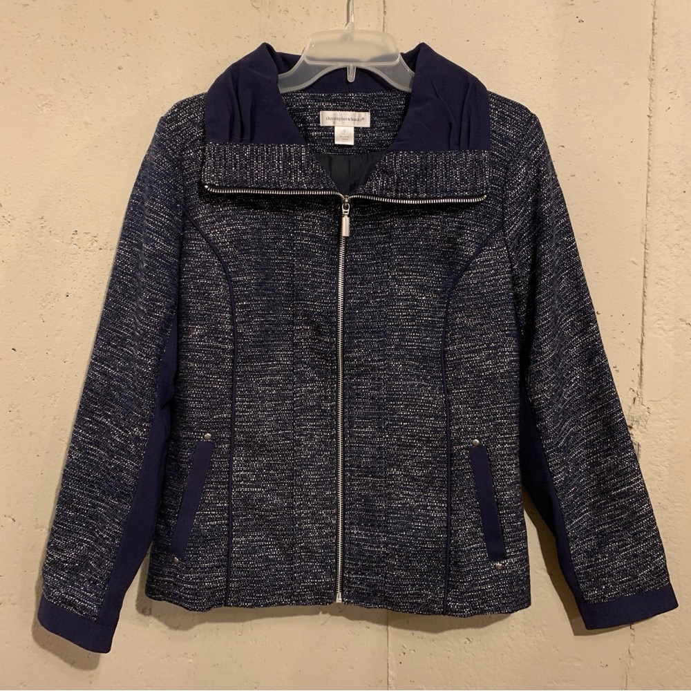 Tweed Blazer Jacket Full Zip Christopher Banks Size Small Dark Blue Metallic